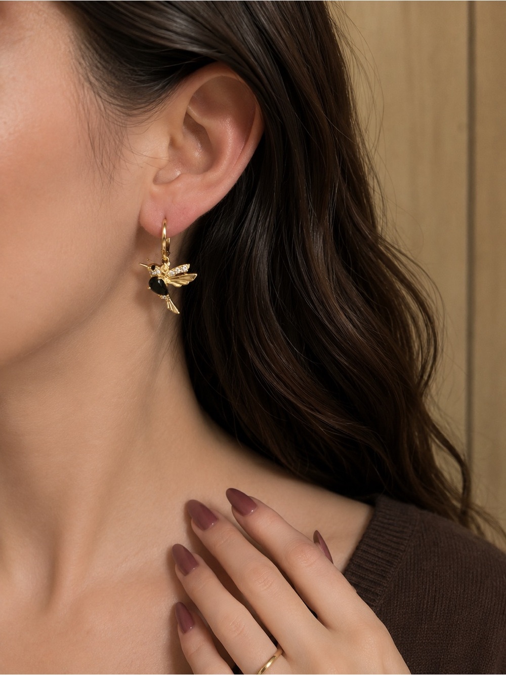Gold and black hummingbird earrings